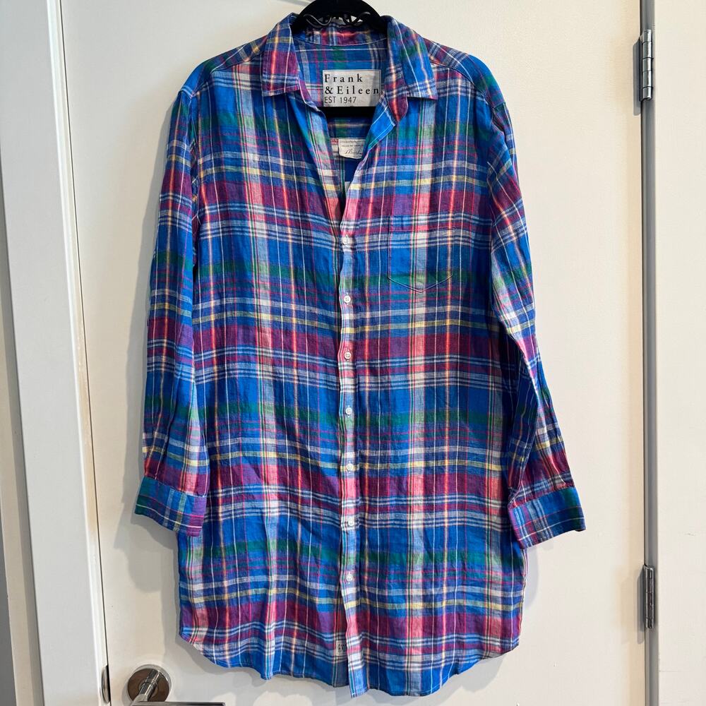 Frank & Eileen Blue Plaid Button-Down Shirt with Pink and Green Accents
